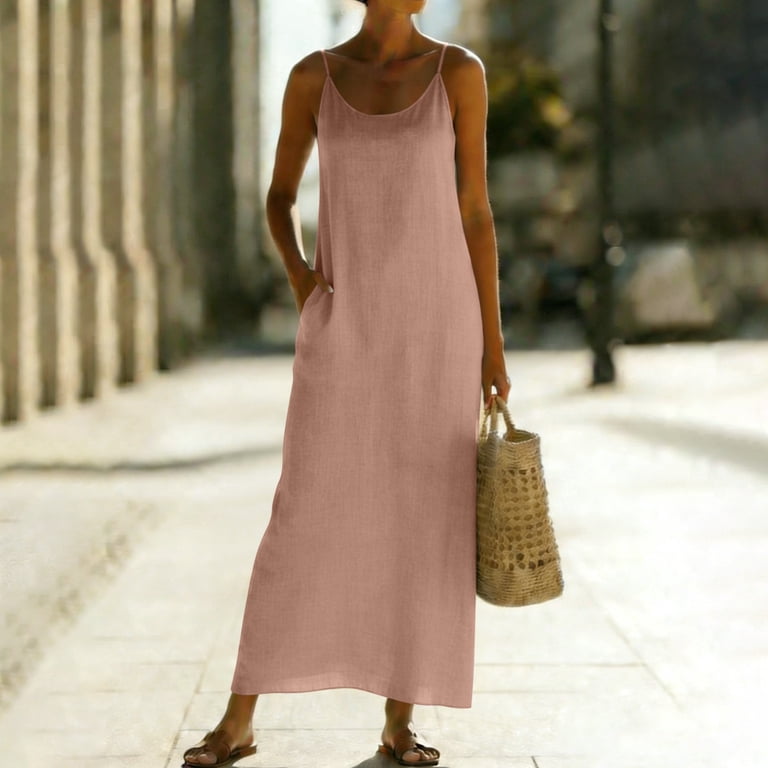 strappy linen summer dresses BOHO Cotton Womens Strappy Sun Dresses Summer Holiday Beach Linen Midi Dress
