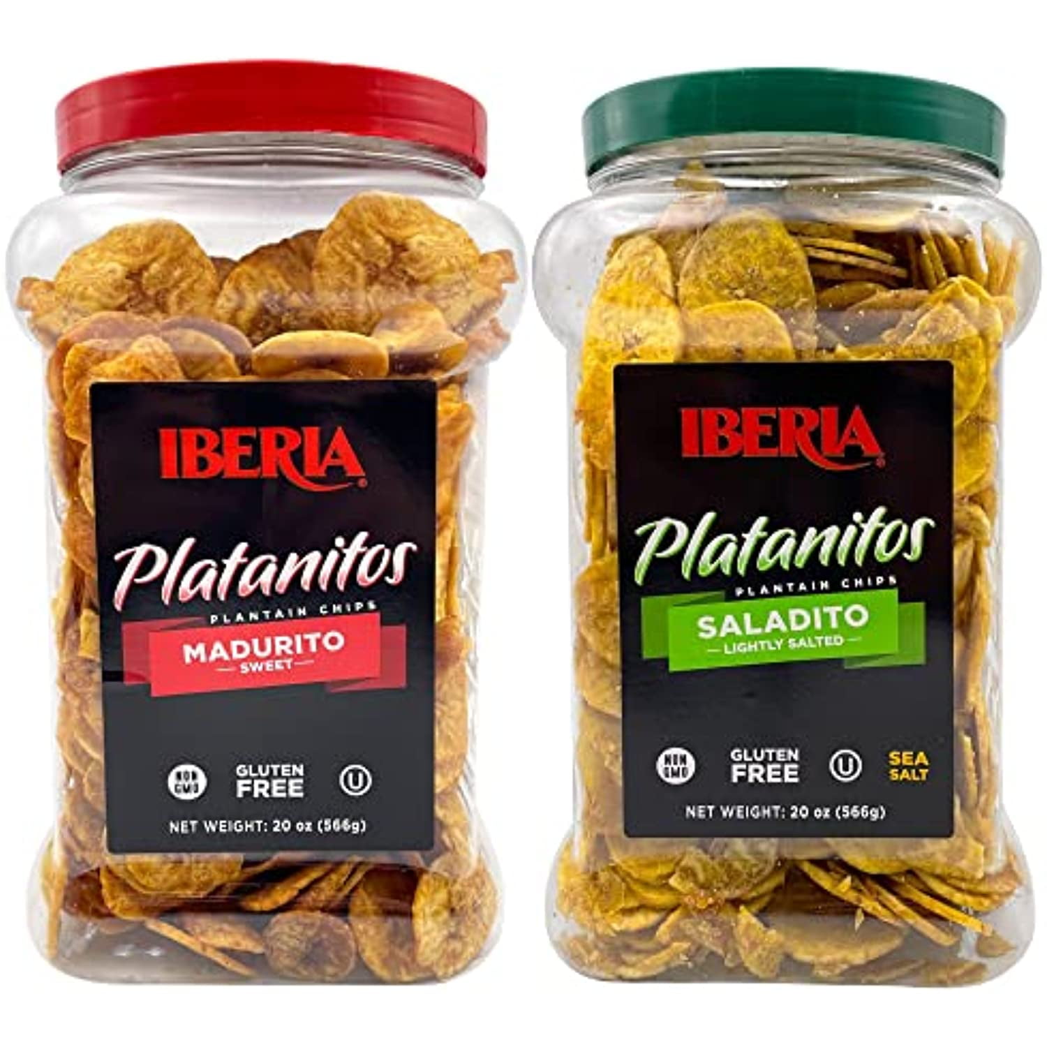 Iberia Salted Plantain Chips Jar 20 Ounce And Naturally Sweet Plantain Chips Jar 20 Ounce Bundle