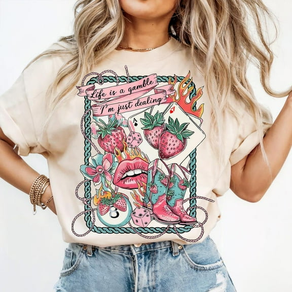 Life Is a Gamble Shirt, Retro Tattoo Style Tee, Cowgirl Strawberry Card T-Shirt, Vintage Western Graphic Tee