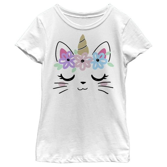 Girl's Lost Gods Kitty Unicorn with Flower Crown  Graphic Tee White Large