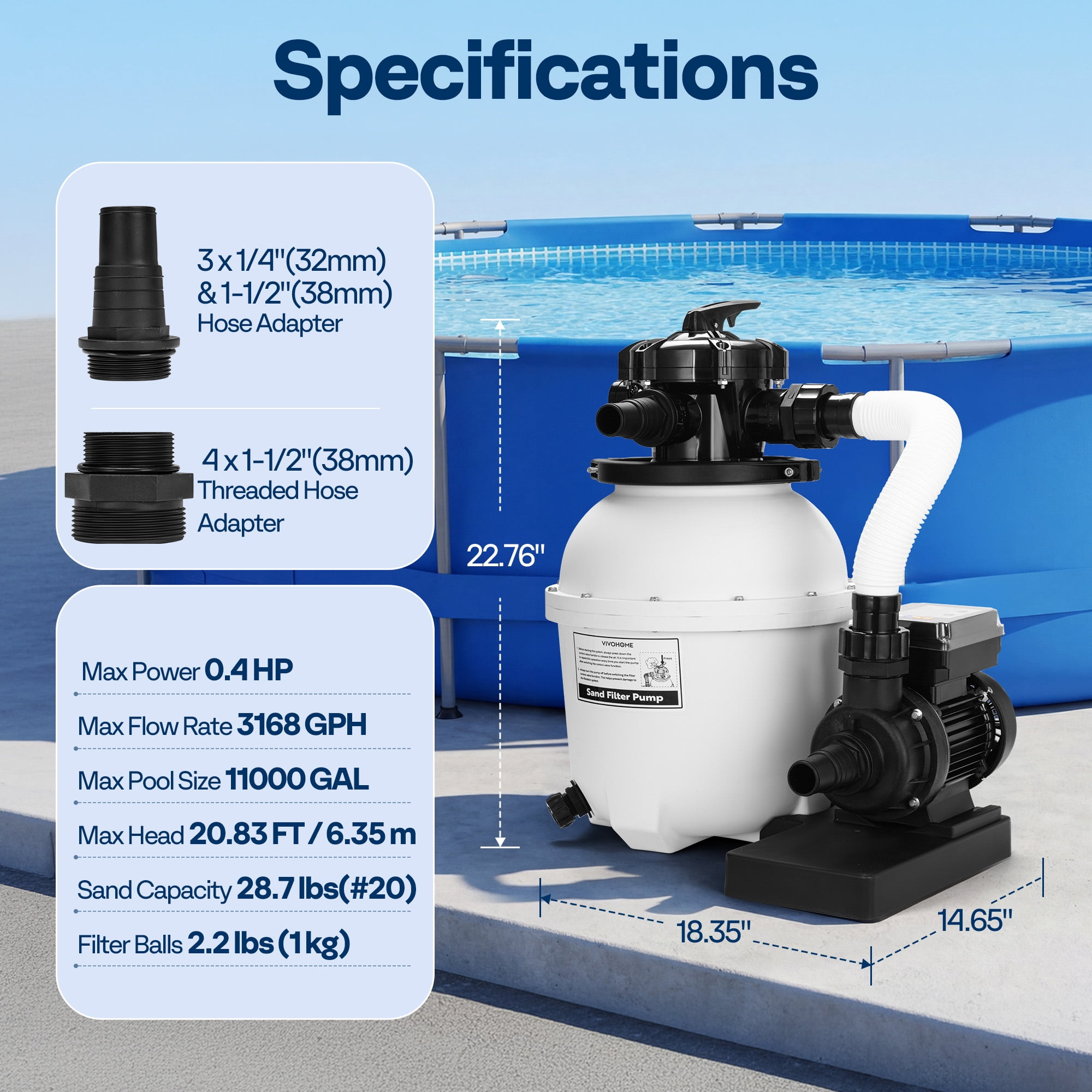 SPECSTAR 12" Sand Filter Pump 3168GPH for  Above Ground Pools Up to 11000Gallons,   Pool Filter System with 6-Way Multi-Port Valve, Digital Timer & Pressure Gauge, Heavy Duty Silent Motor