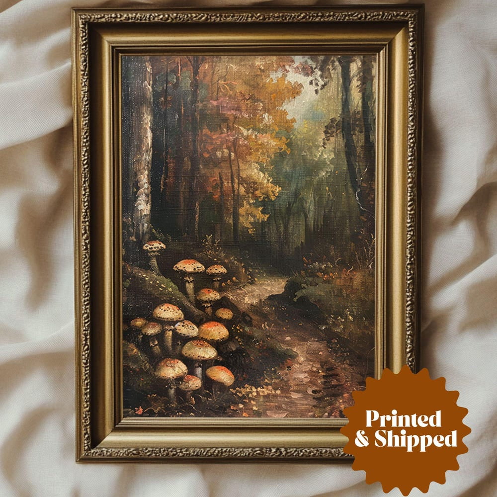 Mushroom Autumn Forest Illustration Vintage Cottage Fall Landscape Poster