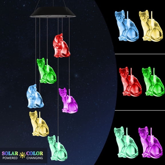 Solar Powered Color Changing Wind Chime Light, Cute Kitten Design Led Lamp for Patio Yard Garden, Home Decor Aesthetic Waterproof Outdoor Hanging Decor, Easter Decor Outdoor Light, 4.9*25.5in