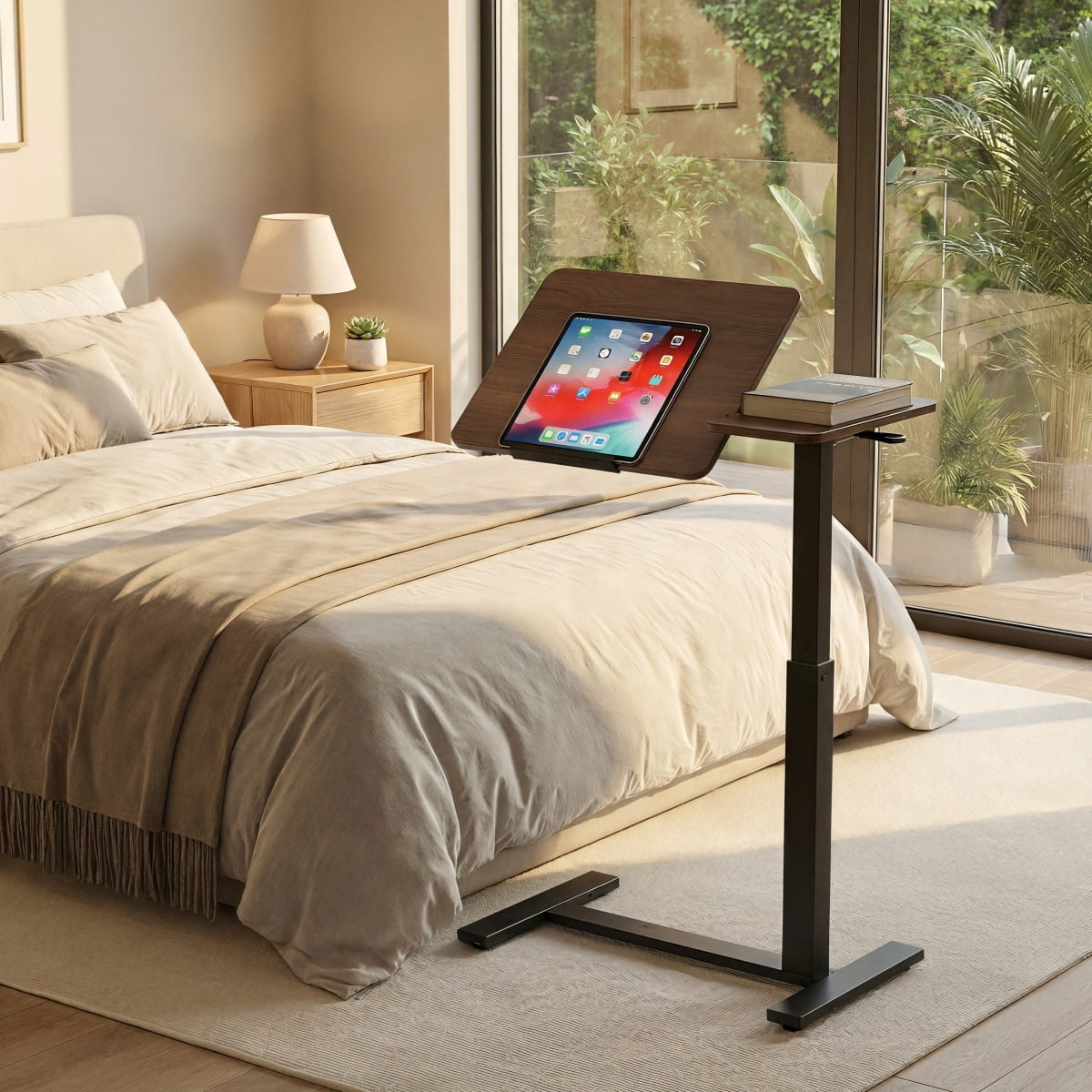 Mobile Height   Angle Adjustable Standing Desk  Flip Desktop Rolling Laptop Table Walnut + Black