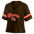 thumbnail image 2 of Women's WEAR by Erin Andrews Brown Cleveland Browns Color Block Boxy Modest Crop V-Neck T-Shirt, 2 of 4