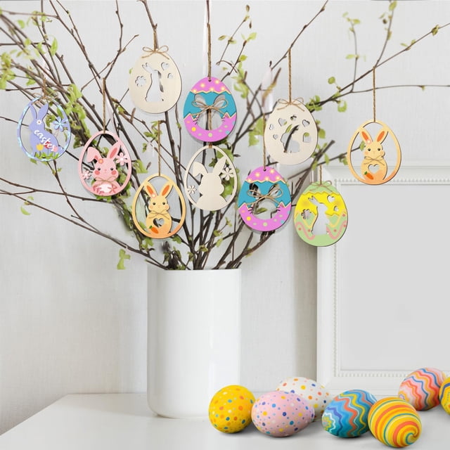 Easter Wooden Bunny Eggs Crafts Hanging Decorations, hanging wood eggs, DIY wood craft, holiday party decor, Easter egg decorations, Easter home decor, foldable hanging set, wooden eggs set,