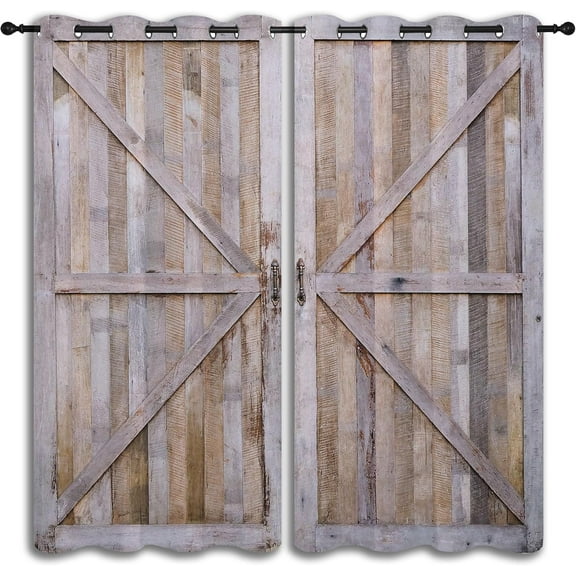 Old Rustic Farmhouse Door Grommet Blackout Curtains for Boy Girl Bedroom, Brown Wood Wooden Barn Door Home Energy Efficient Light Filtering Window Curtain for Living Room, 42x63 inch