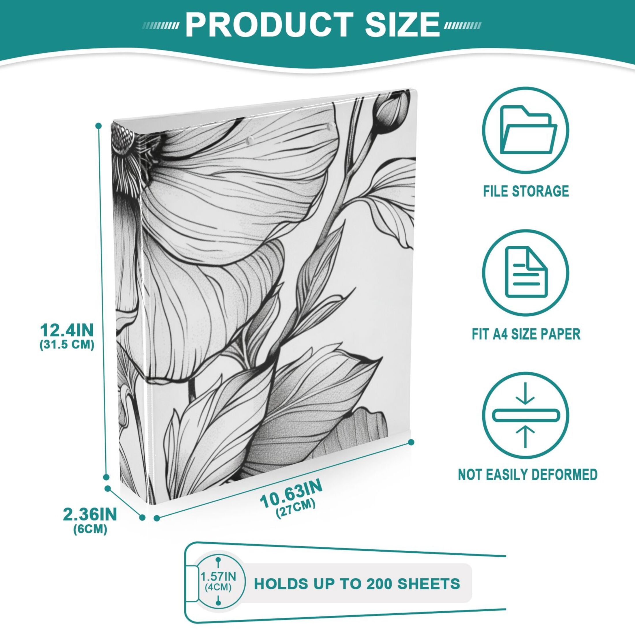 Flowers Elegant 3 Ring Binders 1.5 inch Hardcover File Folders with Interior Pockets A4 Size Organizer for School Office Hospital