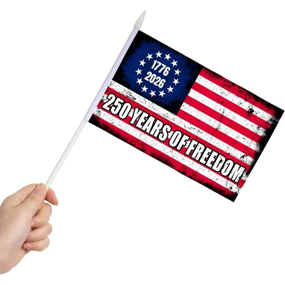Anley 250th Anniversary American Mini Flag 12 Pack - Hand Held Small Miniature Solid 250 Years of Freedom 1776-2026 Flags on Stick - 5.5x8 Inch with Solid Pole & Spear Top