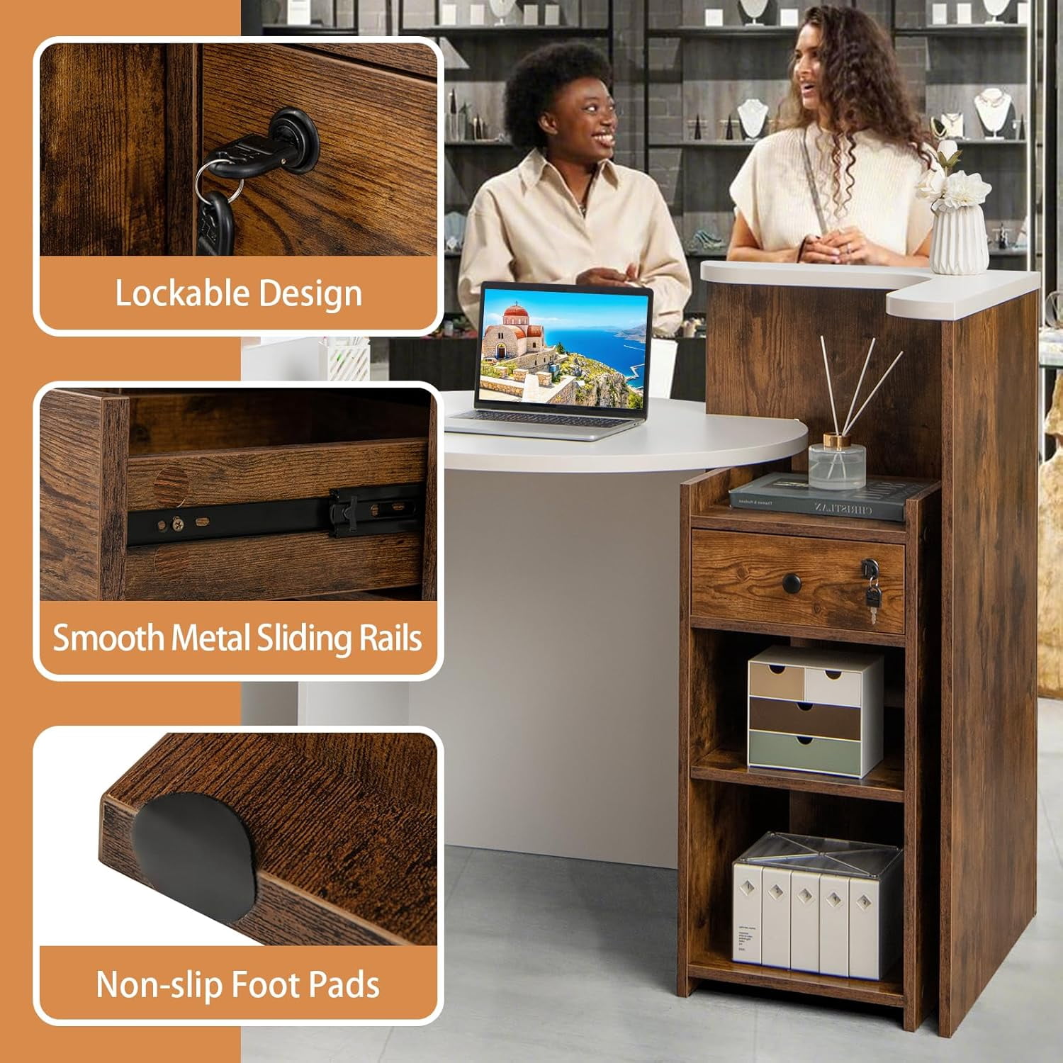 Reception Desk, Small Retail Checkout Counter with Lockable Drawer and Open Shelves, Wooden Front Desk Reception Counter, Oval Desktop & L Counter for Store Office Lobby Salon (Brown)