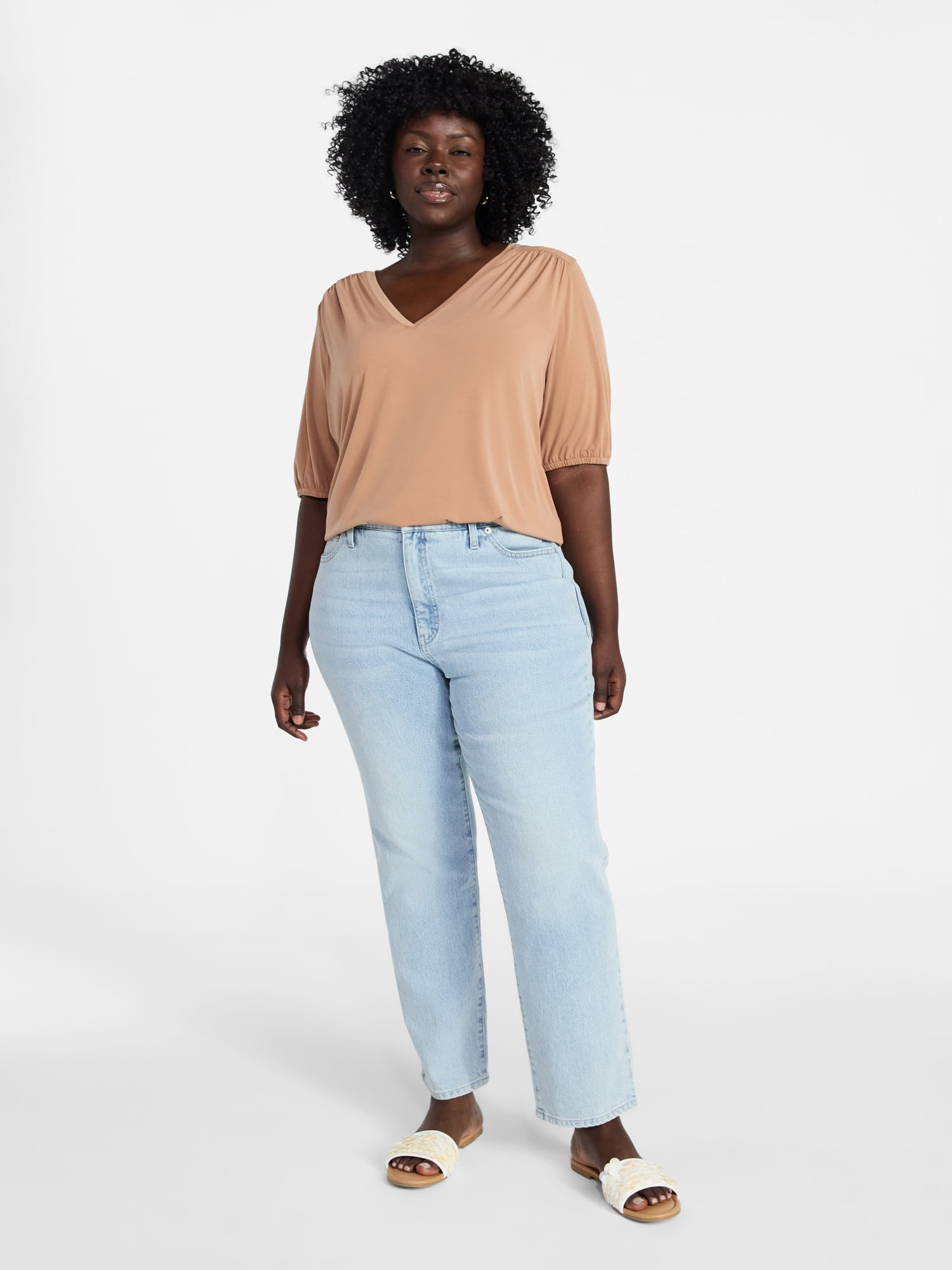 Terra & Sky Women's Plus Size V Neck Tee with Elbow Sleeves, Sizes 0X-5X