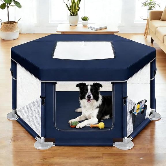 Parque Infantil para Perros, 42.51 X 42.51 X 26 Pulgadas, Portatil Parque para Mascotas, con Puerta, Cubierta, Durable Parque para Perros de Diseño Transpirable para Medianas y Pequeños Mascota (Azul)