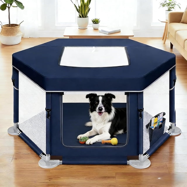 Parque Infantil para Perros, 42.51 X 42.51 X 26 Pulgadas, Portatil Parque para Mascotas, con Puerta, Cubierta, Durable Parque para Perros de Diseño Transpirable para Medianas y Pequeños Mascota (Azul)
