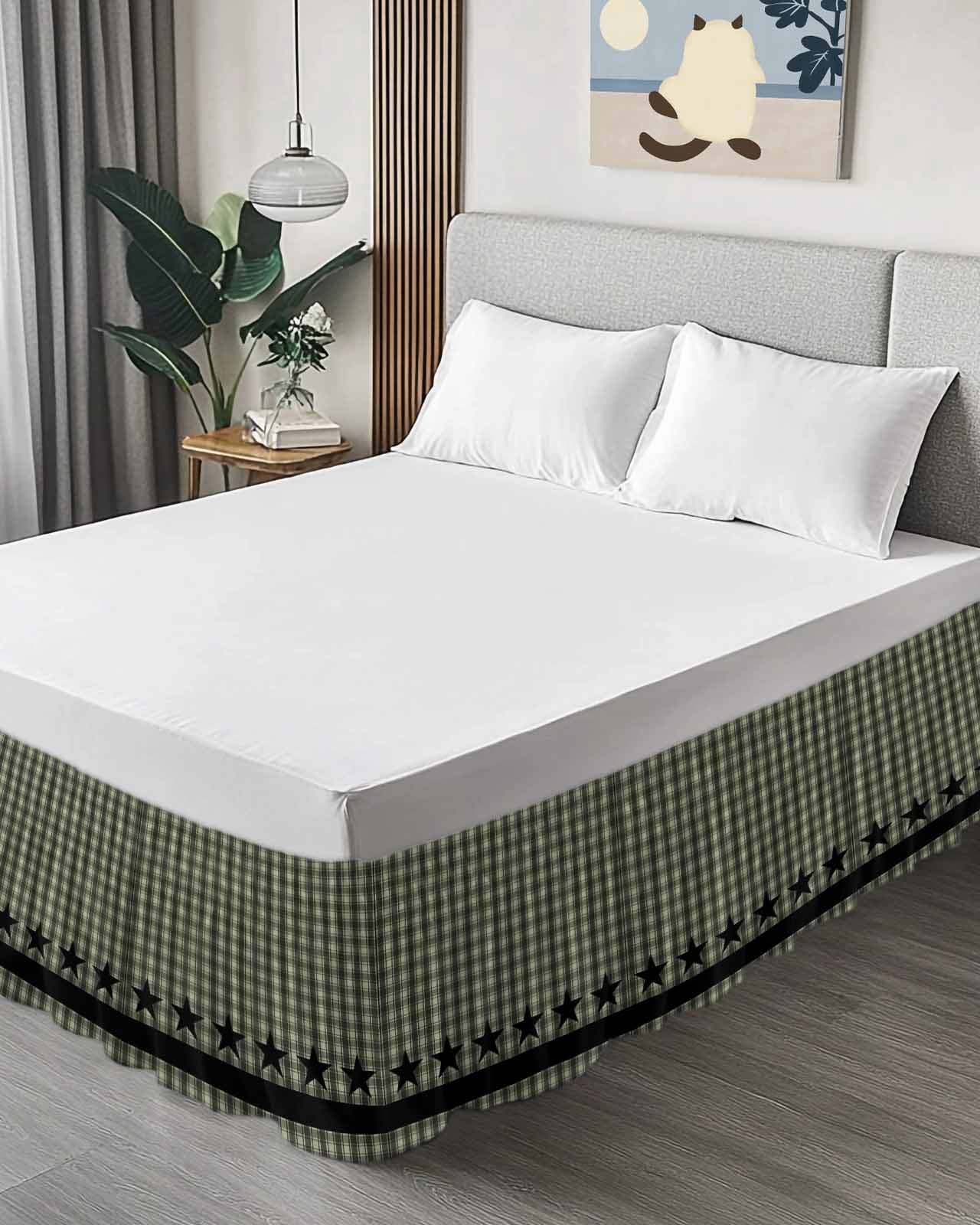Sage Green Black Plaid Bed Skirt King Size, Vintage Star Buffalo Check Rustic Wrap Around Bed Skirting with Adjustable Elastic Strap, Dust Ruffled Pleated Bedskirts 18 Inch Drop for Bedroom King Beds