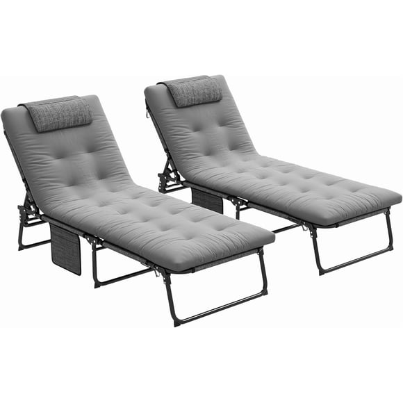 Lot de 2 chaises longues pliantes avec dossier inclinable à 4 niveaux, chaise de bronzage d'extérieur avec coussin, chaise longue avec tissu en maille respirante, poche latérale, appui-tête, gris