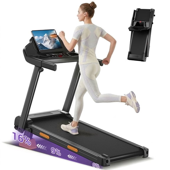 SONITU 16% Incline Folding Treadmill for Home, 3.0HP Quiet Motor, 300 lbs Capacity, 7-Layer Cushioning, 3 LED Displays with Handrails