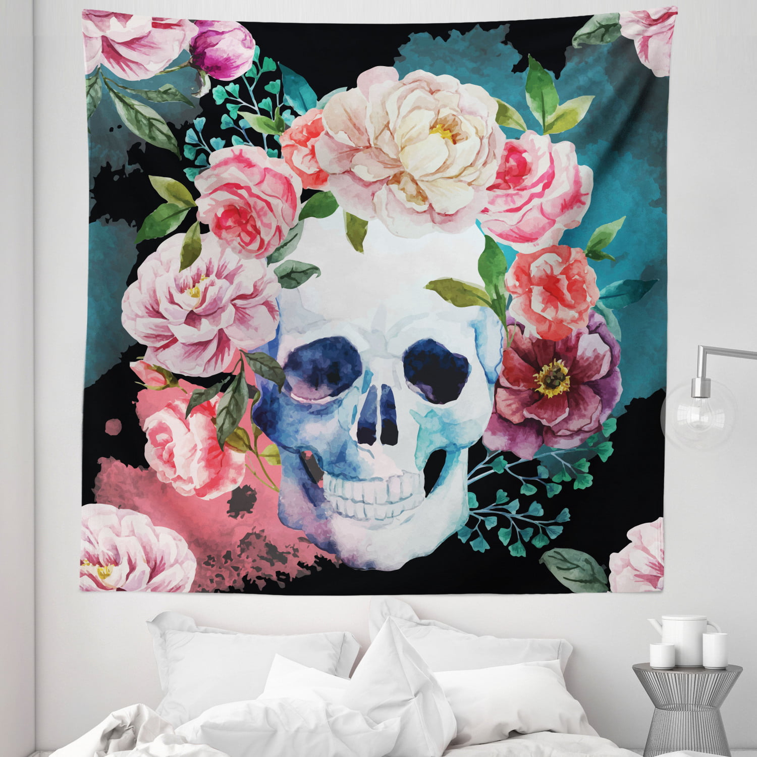 Skull Wall Tapestry,Skull Wall Art Gift,Boho Skull Home Decor,Flower Skull Wall Tapestry,Fantasy Wall Painting,Gothic Tapestry Blanket