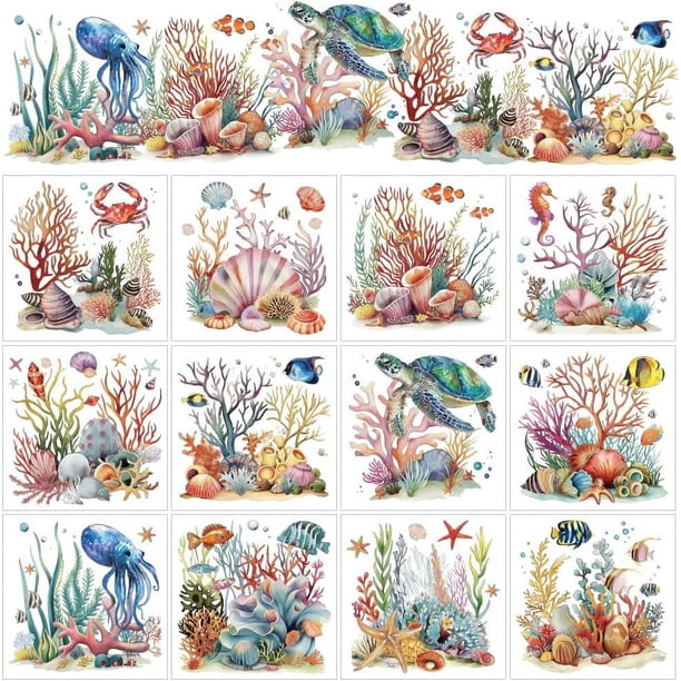 12 hojas de animales submarinos para manualidades, pegatinas de transferencia de océano, conchas de coral, estrellas de mar, tortugas y calcomanías para frotar.