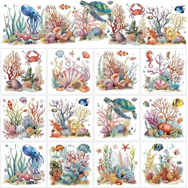 12 hojas de animales submarinos para manualidades, pegatinas de transferencia de océano, conchas de coral, estrellas de mar, tortugas y calcomanías para frotar.