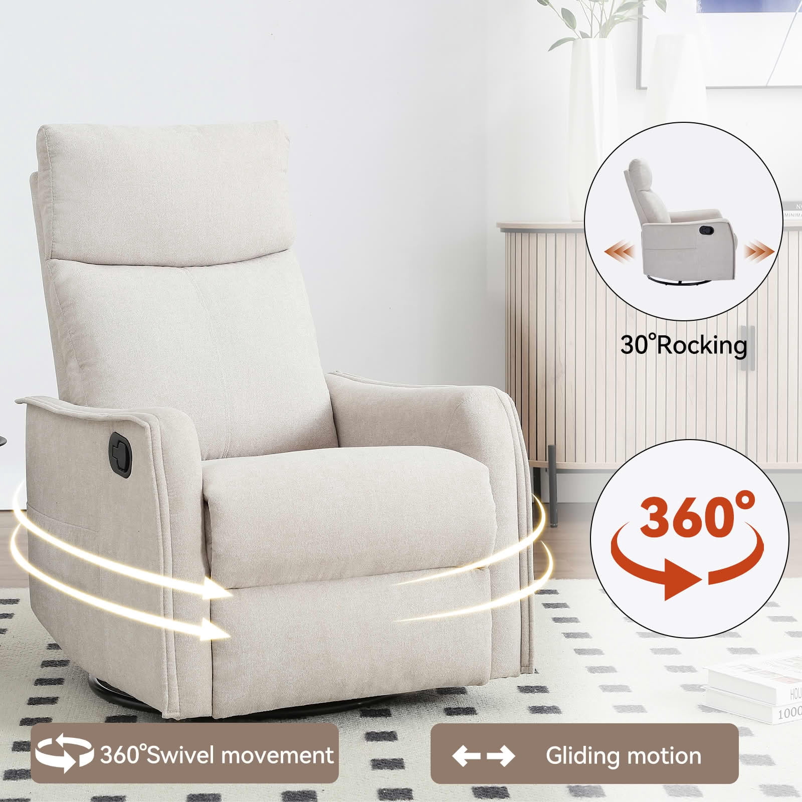 MAYEERTY Beige Heat Massage Recliner Chair, 360° Swivel Rocker 27"x36"x40" for Living Room