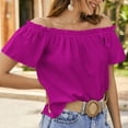 thumbnail image 3 of Blusa de manga corta con volantes y dobladillo con volantes para mujer Camisa con hombros descubiertos de color puro de verano Púrpura XXL, 3 of 8