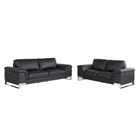 Pemberly Row Genuine Italian Leather Reclining Sofa and Loveseat in Black