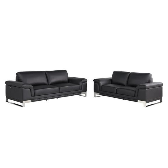 Pemberly Row Genuine Italian Leather Reclining Sofa and Loveseat in Black