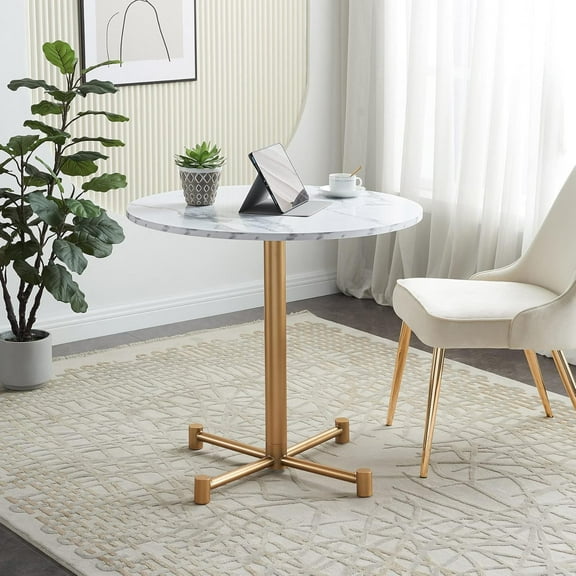 KithKasa 31.5" Round Dining Table with White Faux Marble Wood Top and Golden Metal Legs, Mid Century Modern Kitchen Table for Small Space Dining Room, Seat for 2-4