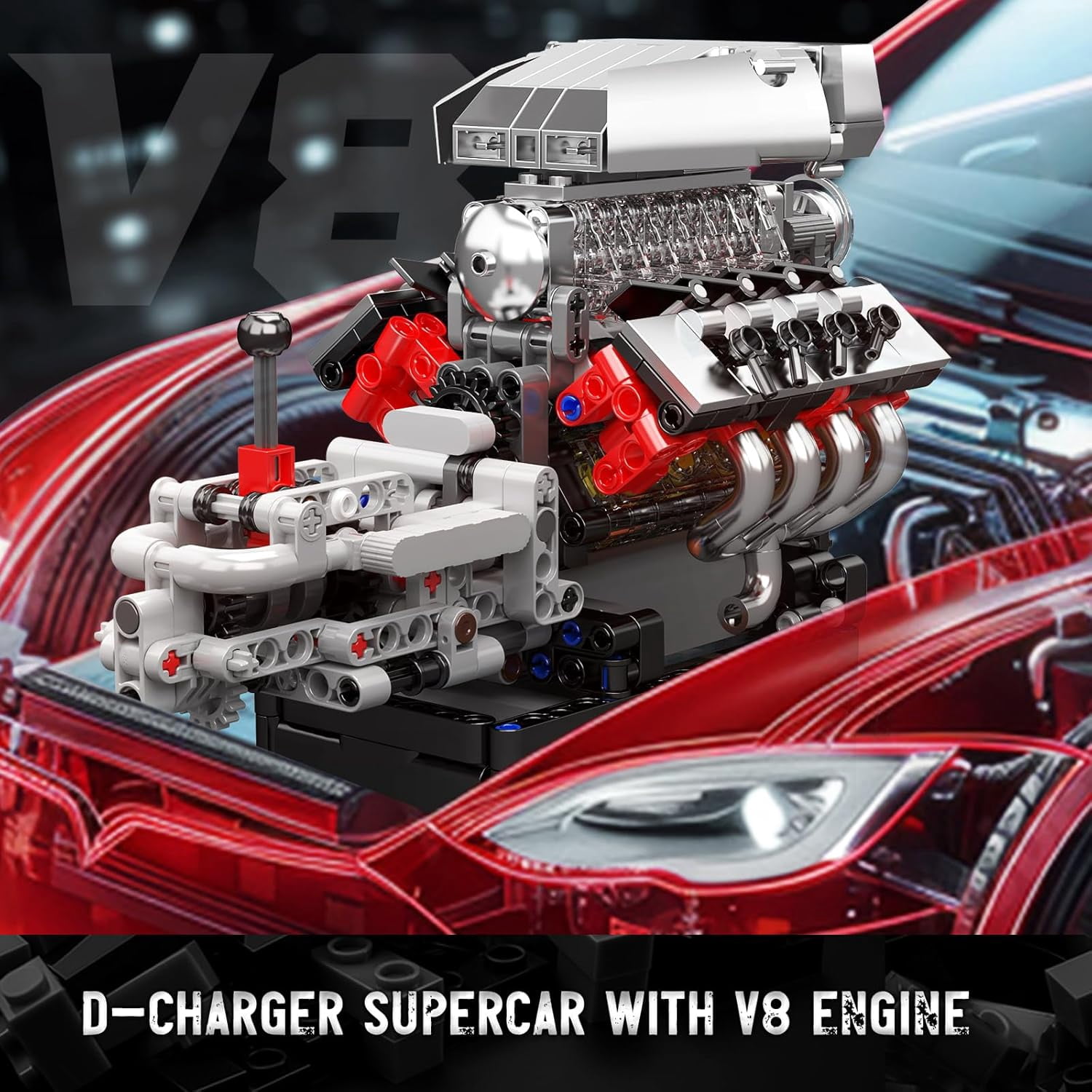 SEEMEY 10225 V8 Engine Model Kit that Works - Car Engine Building Blocks Kit with Battery, STEM Mechanic Engineering Construction Set for Adults(855 PCS)