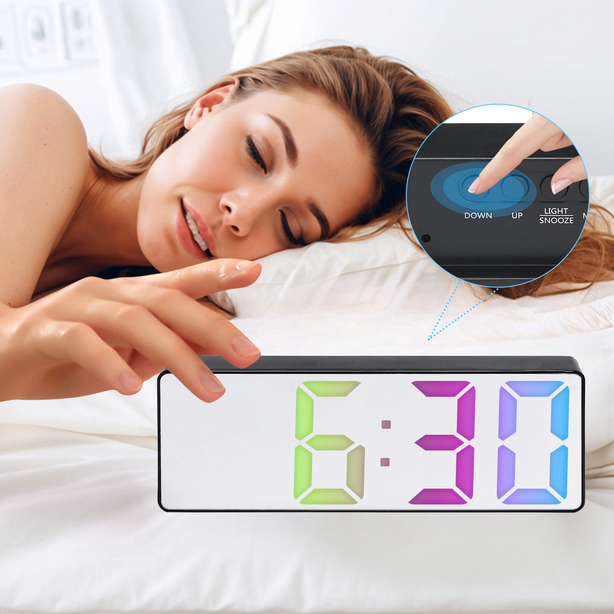 Unique Bargains 2 Pcs Small Alarm Clock Temperature Mirror Black Mirror/Black