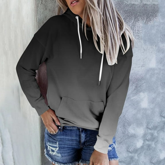 Dasayo Women's Sweatshirts and Hoodies Black Lightweight Long Sleeve Drawstring Gradient Color Hoodies Women Blouse L
