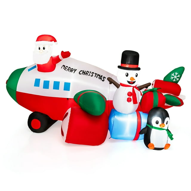 Costway 9FT Inflatable Christmas Santa Claus on Helicopter with Snowman Penguin LED Lights