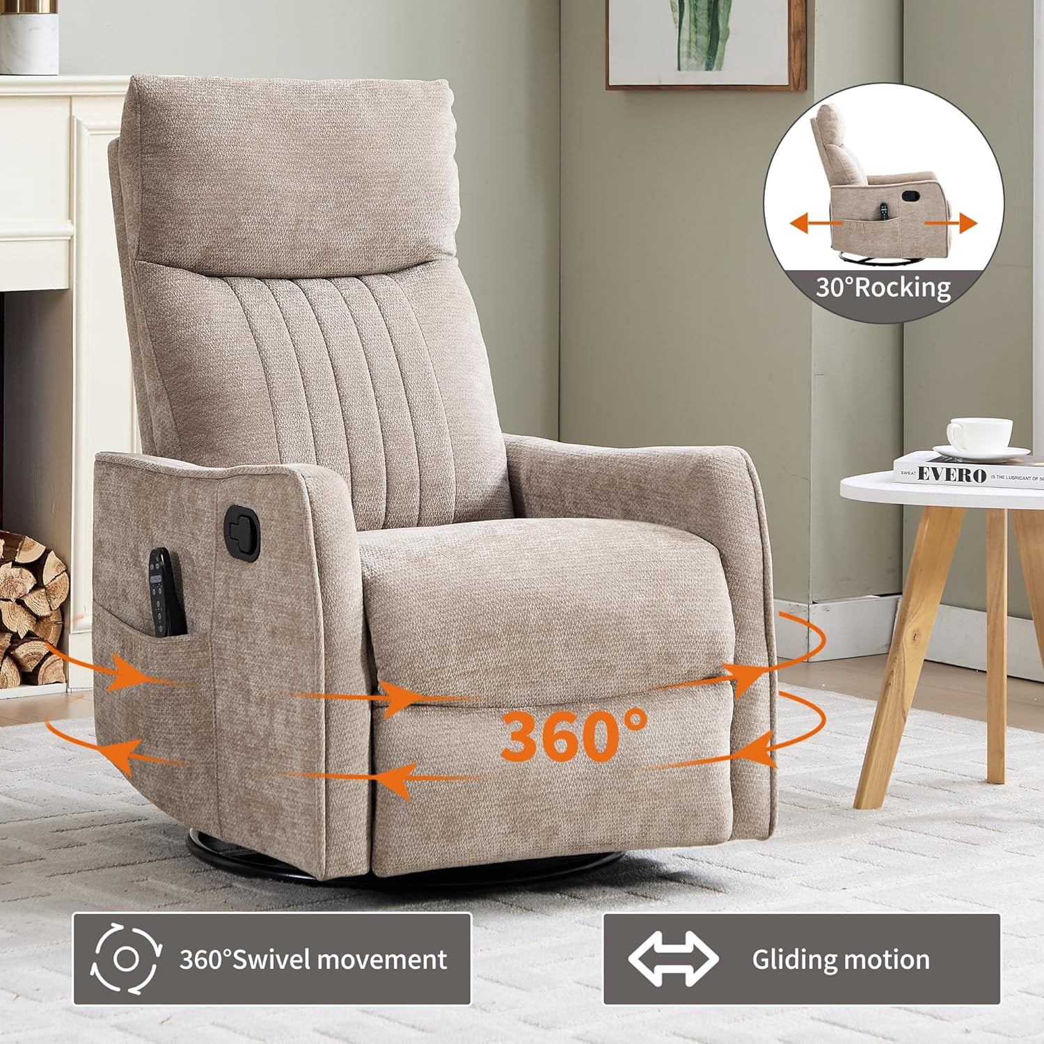 High Back Manual Recliner Chair with Heat & Massage, Swivel Rocker for Living Room Bedroom, khaki
