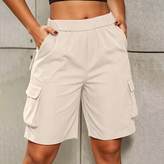 Cagogo Womens Cargo Shorts with Pockets Casual Vacation Beach Shorts Elastic Waist Loose Fit Summer Trousers for Travel Outdoor Hiking Work Clothes, Beige 2XL