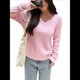 thumbnail image 3 of Suéter de Punto de Larga para Mujer, Jersey Ajustado con Cuello en V, Ropa Informal de Negocios para Otoño Rosa M, 3 of 7