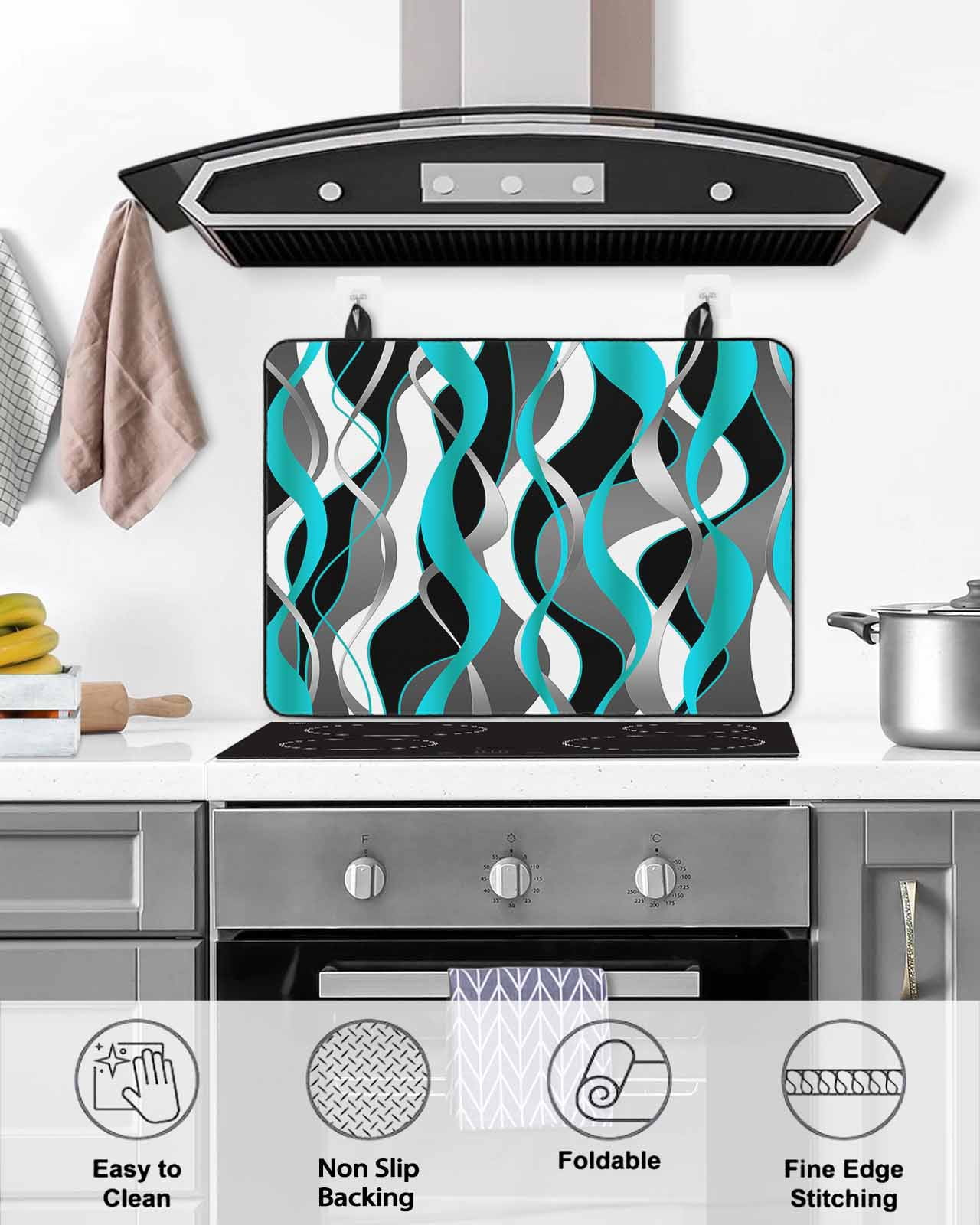 nqOlkjepod Large Induction Cooktop Protector Mat 36"x21", Aqua Stripe Stove Top Covers for Electric Stove, Ombre Grey Moire Geometric Modern Abstract Stove Burner Cover Mats, Glass Top Stove Cover