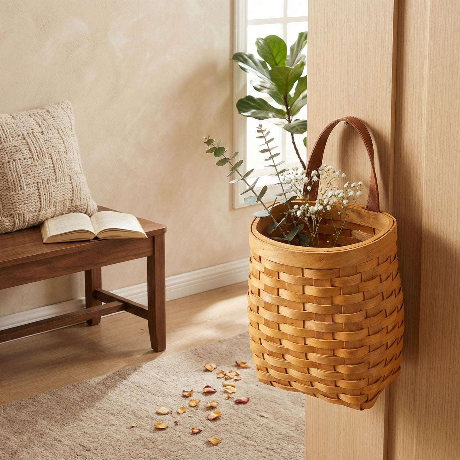 Hanging Basket Hanging Wicker Baskets, Hand-Woven Wood Storage Basket Portable Wall Hanging Flower Basket Organizer Fruit Vegetable Rattan Storage Holder Basket Container Home Decoration