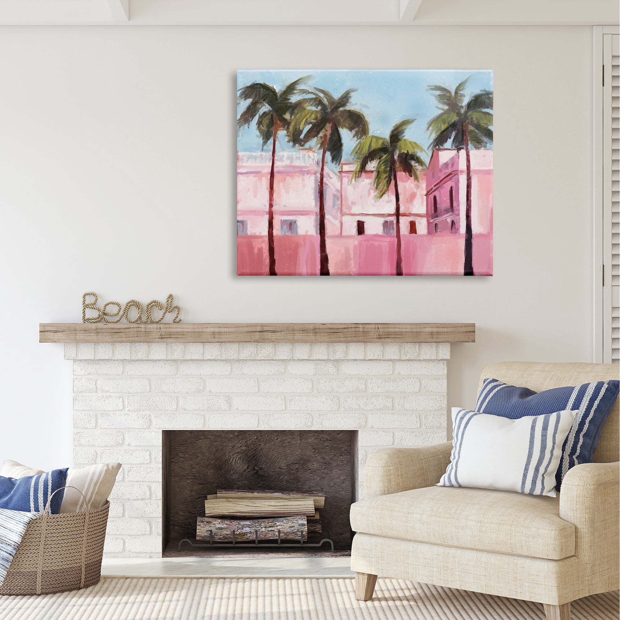 Stupell Industries Tropical Pink Buildings Botanical & Floral Painting Gallery Wrapped Canvas Art Print Wall Art, 48 x 36