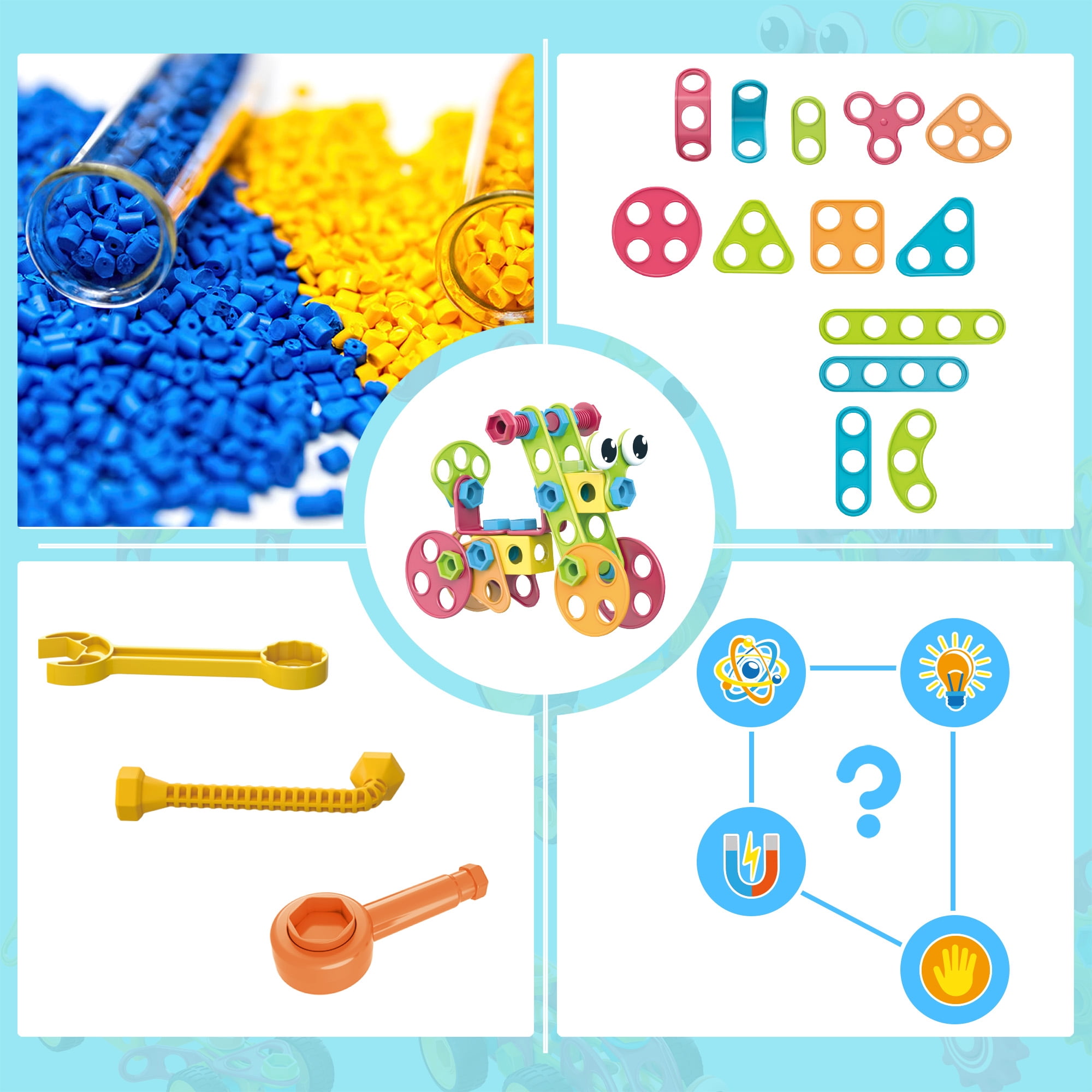 PicassoTiles 115PCS Building Blocks Set, STEM Educational Construction & Engineering Toy Kit with IdeaBook, Clickable Ratchet, Sensory Play for Kids 3+