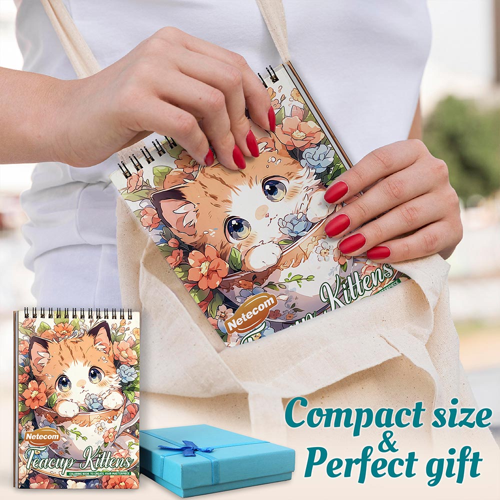 Netecom Teacup Kittens Coloring Book Spiral Bound for Adults, A5 Wooden Cover, 30 Adorable Kittens in Cute Teacups Coloring Pages for Stress Relief and Relaxation