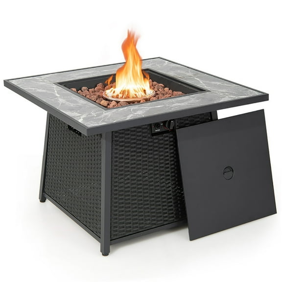 Topcobe 35" Propane Gas Fire Pit Table Wicker Rattan with Lava Rocks PVC Cover for Camping, Fire Pits & Outdoor Fireplaces, Backyard Furniture, Black
