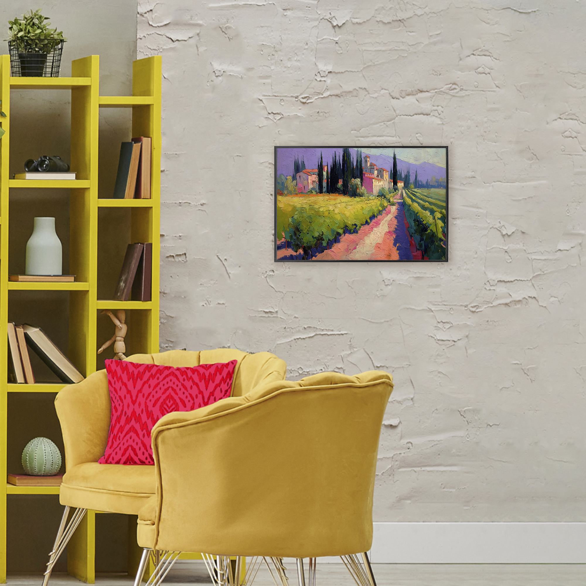 Purple Mountains Village Black Framed Giclee Art, design by Annabelle Hall