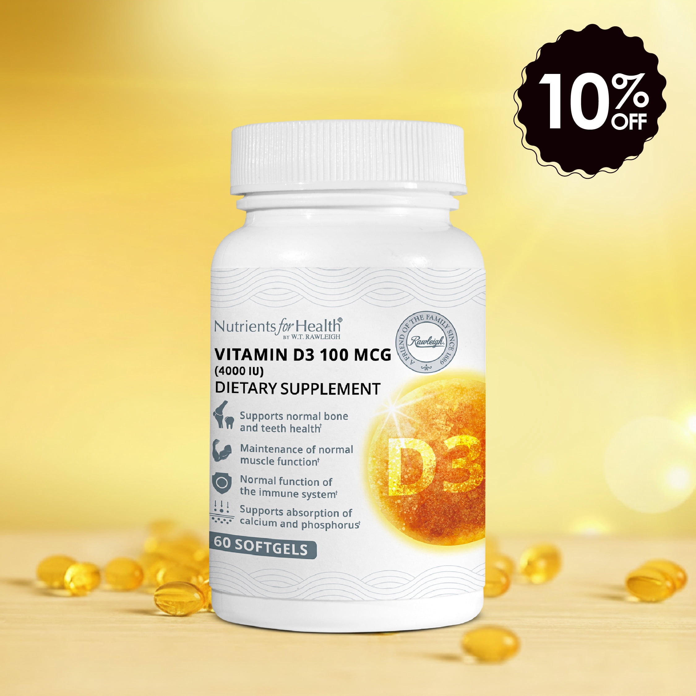 Rawleigh Vitamin D3 100 mcg with 4000 IU Cholecalciferol for Bone & Immune Support, 60 Count