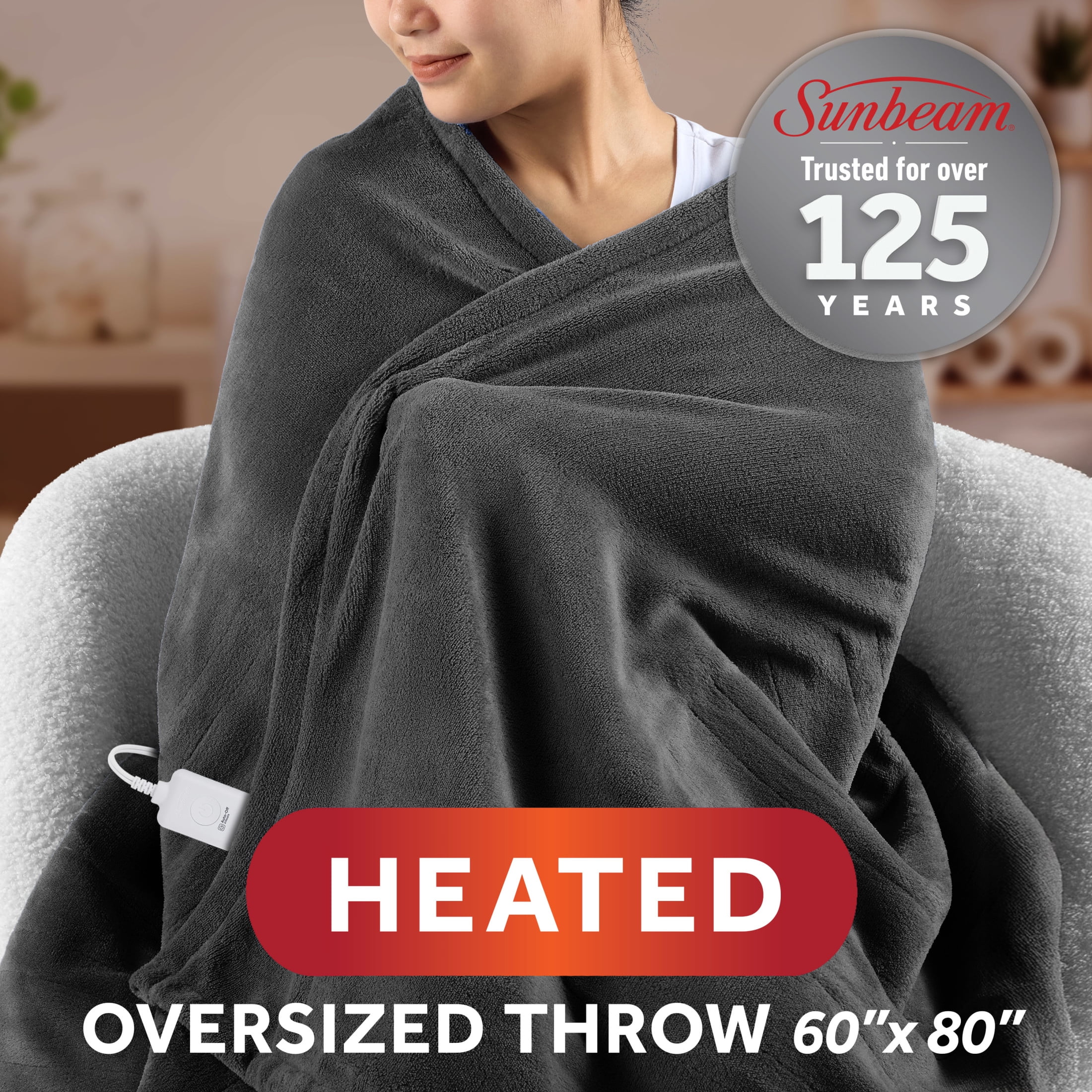Sunbeam Electric Heated Throw Blanket Gray Stone Super Soft