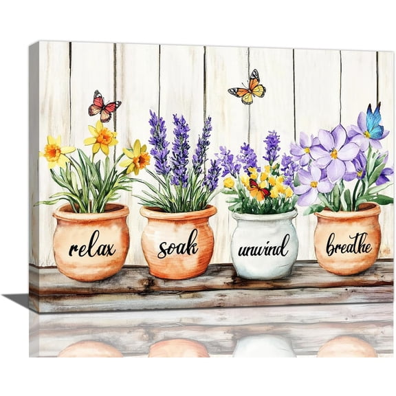 Farmhouse Flower Bathroom Wall Art Rustic Floral Wall Decor Relax Soak Unwind Breathe Sign Canvas Painting Modern Artwork Home Decoration for Office Bathroom Bedroom Living Room Framed