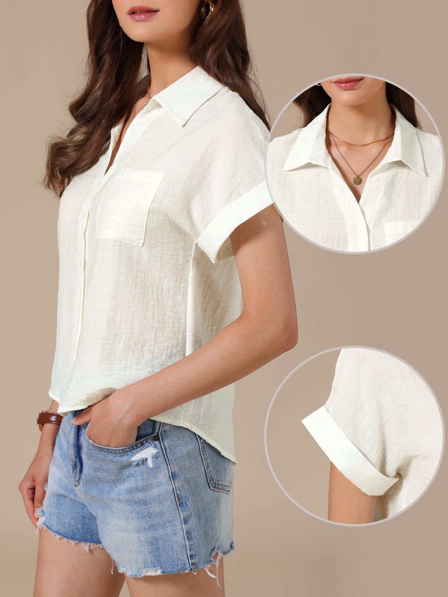 DARING DIVA Women's Button Up Casual Work Short Sleeve Collared Blouse XL White