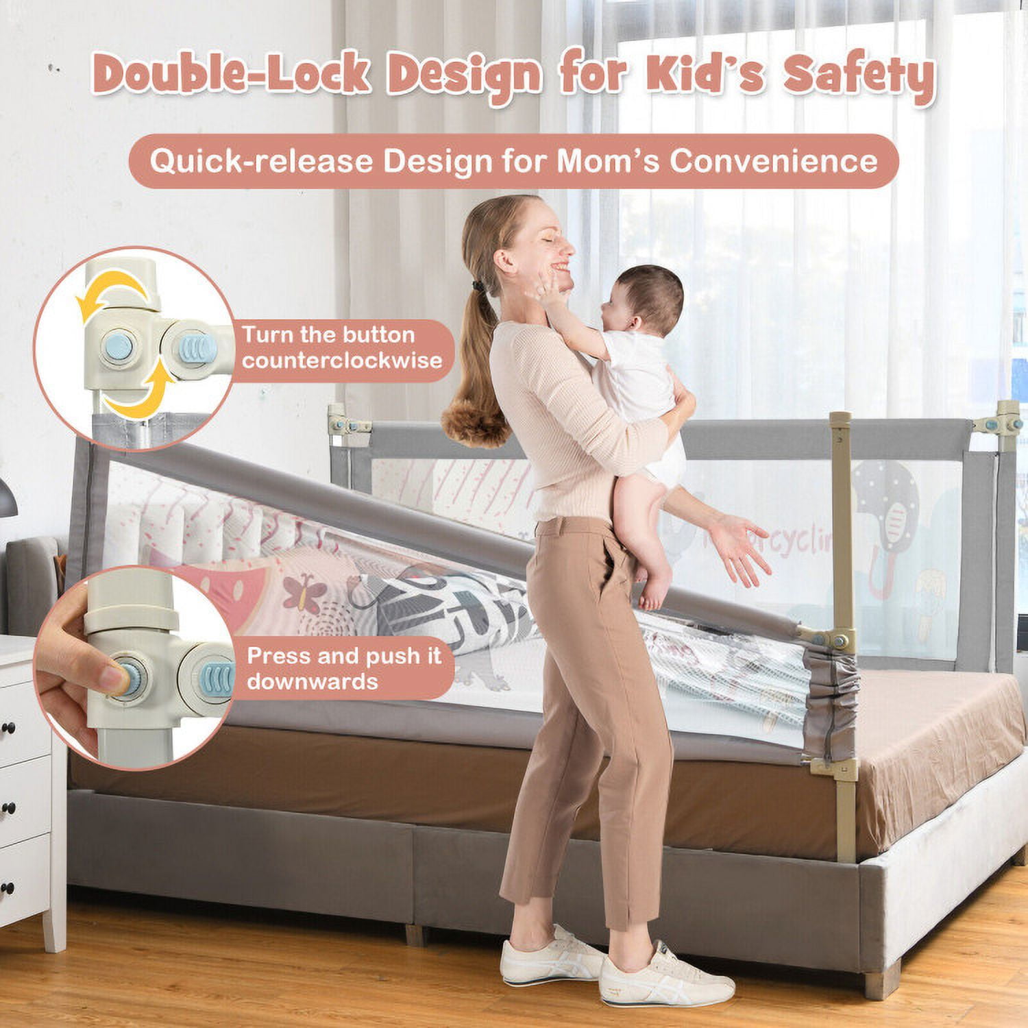 Resenkos Vertical Lifting Baby Bed Rail with Lock-L, Toddler Bed Bumper, Grey