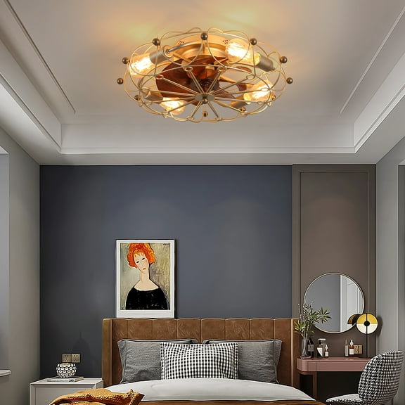 Low Profile Caged Ceiling Fan with Lights (Remote Control), Embedded Modern Industrial Ceiling Fan