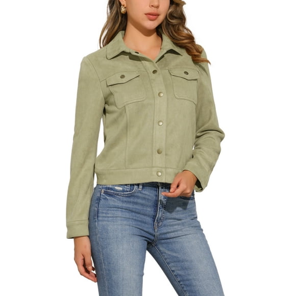 INSPIRE CHIC Women's Turn-Down Collar Flap Pockets Snap Button Faux Suede Jacket XS Light Green