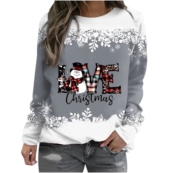 Kcavykas Liquidation de Costumes de Noël, T-Shirt Ample Imprimé d'Hiver pour Femme, Blouse à Manches Longues, Hauts Décontractés à Col Rond